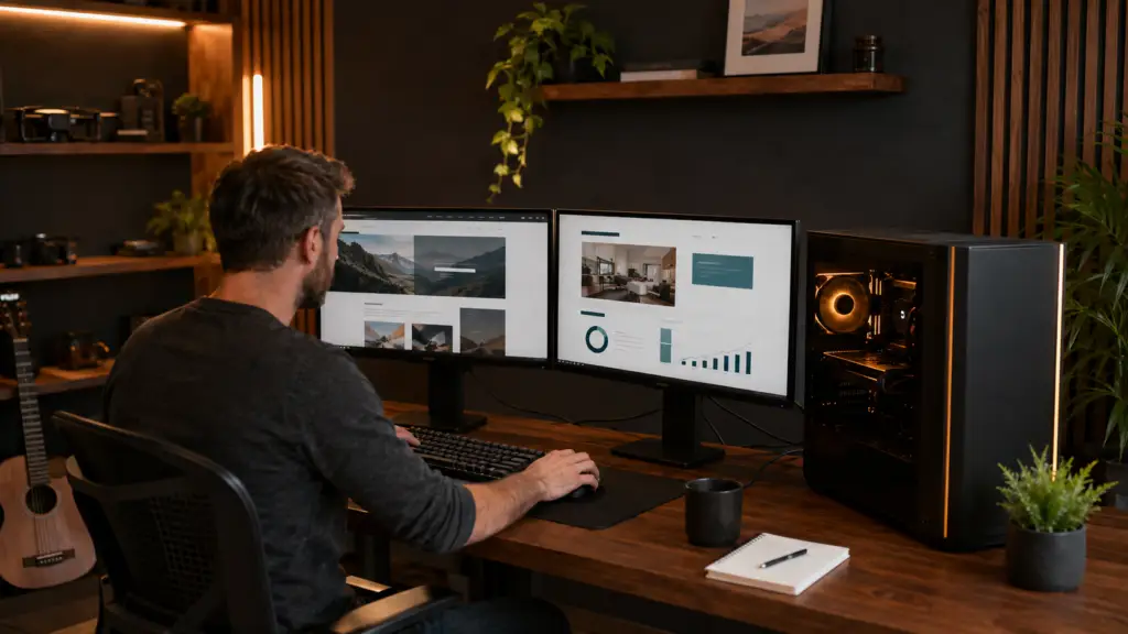 Website copywriter working at a dual-monitor Windows PC in a professional Calgary home office