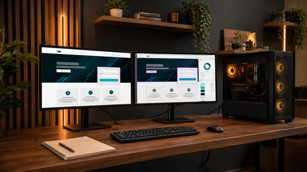 Accessible business website being tested on dual monitors connected to a Windows desktop PC