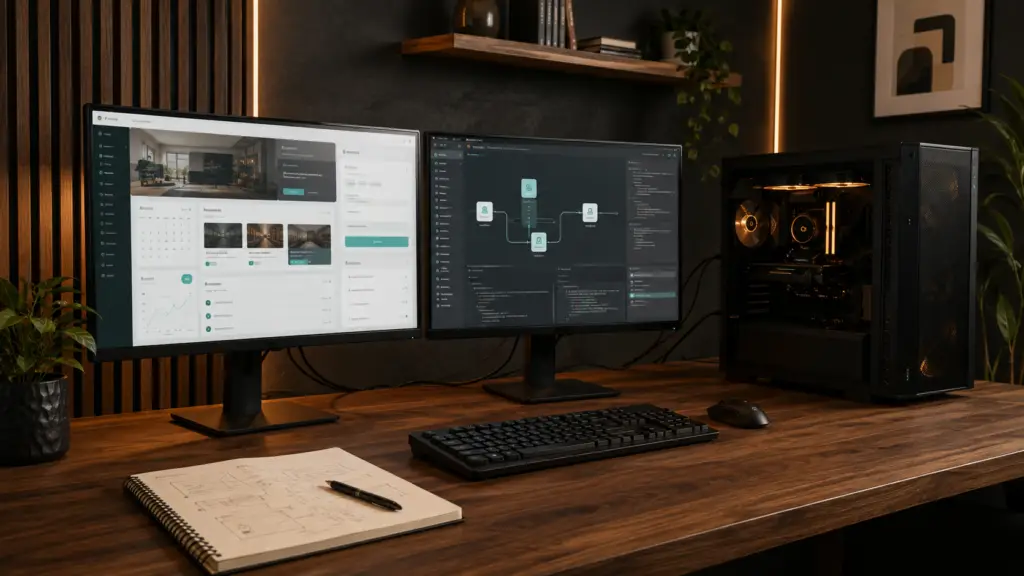 Custom business website and integration workflow displayed on dual monitors connected to a Windows desktop PC