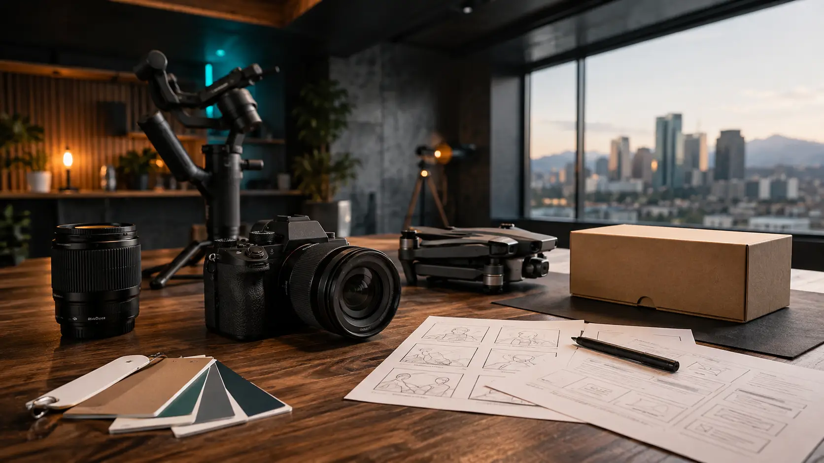 Professional camera, drone, gimbal and storyboards arranged for a small-business content production shoot in Calgary