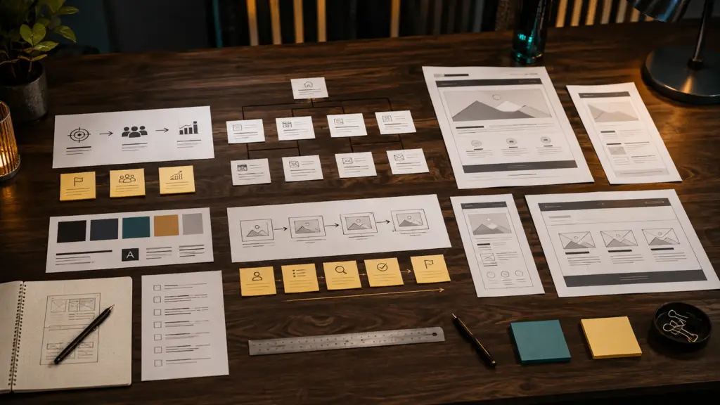 Printed sitemap, wireframes, content checklist and brand swatches arranged for small business website planning
