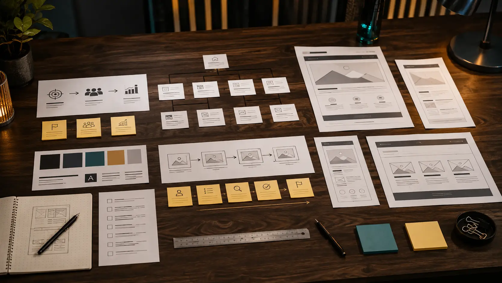 Printed sitemap, wireframes, content checklist and brand swatches arranged for small business website planning